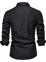 Men's plus size button-up cotton denim shirt with chest pocket, side view