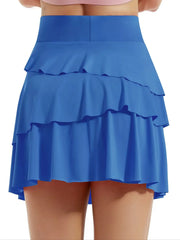 Full-length front view of tiered ruffle active skort