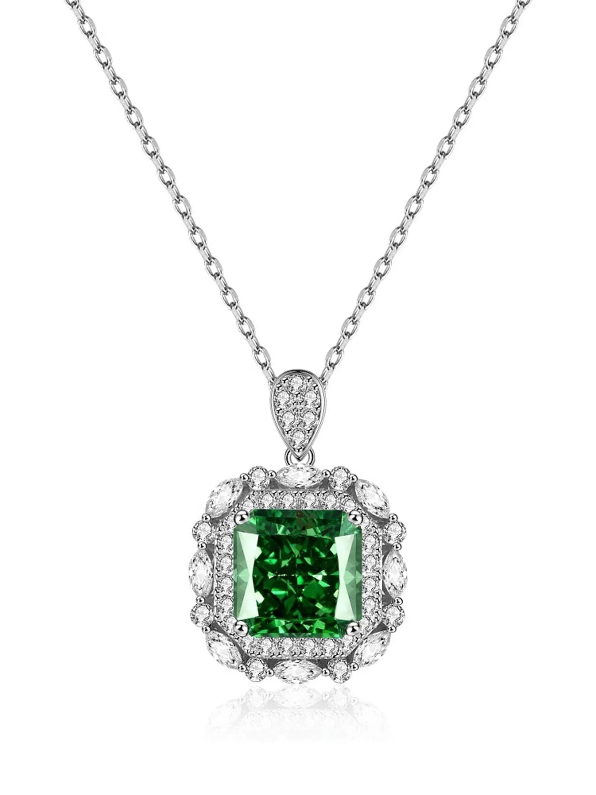Green rectangular pendant necklace with decorative clear stone border on white background