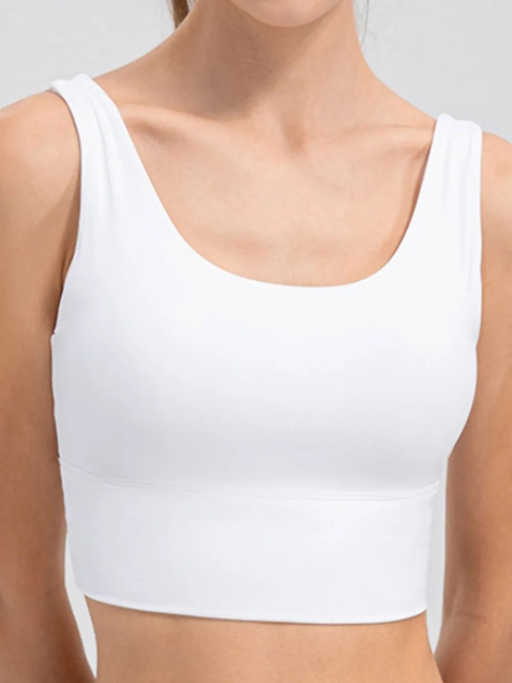 White wide-strap cropped tank with scoop neckline, front view