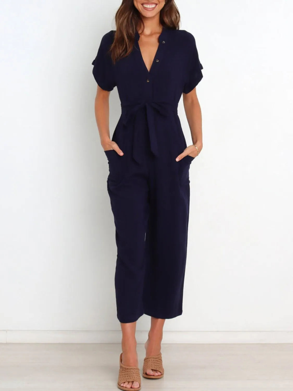 Women's notched short-sleeve tie-waist jumpsuit, navy full front view