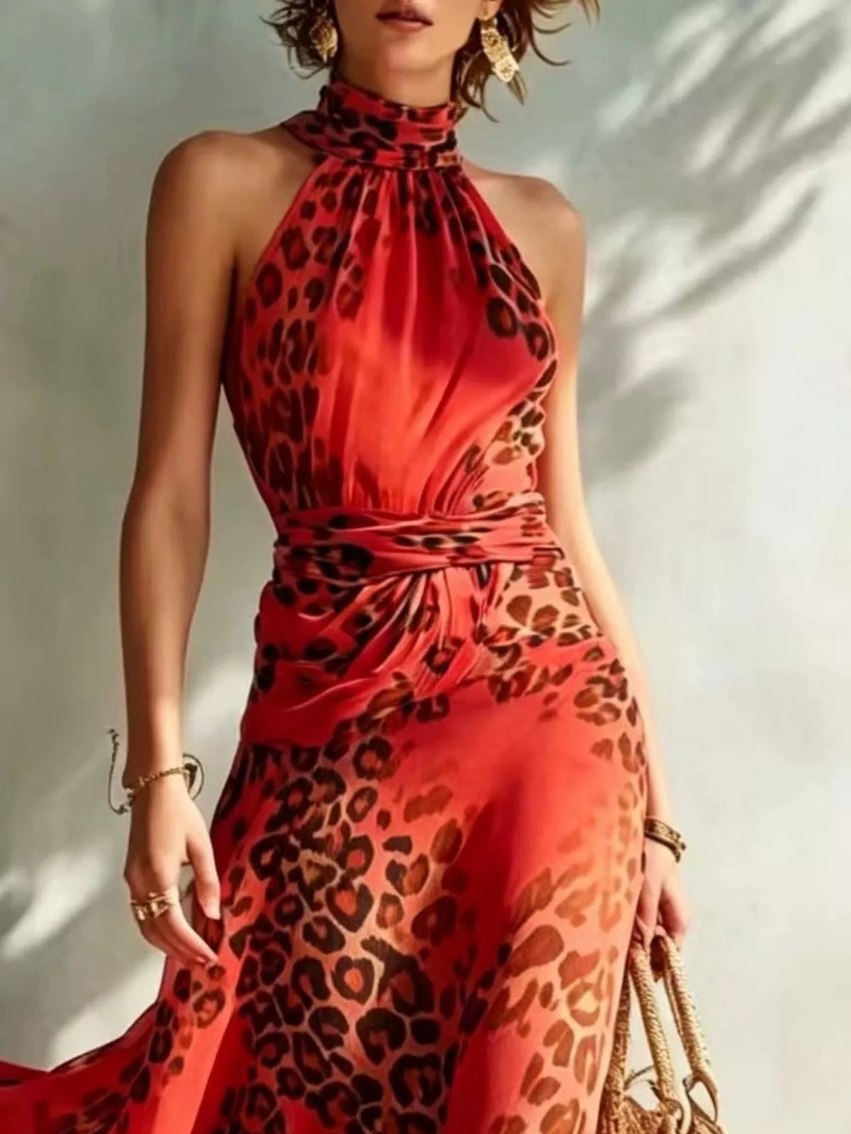 Close view of red leopard-print halter bodice and tied waist