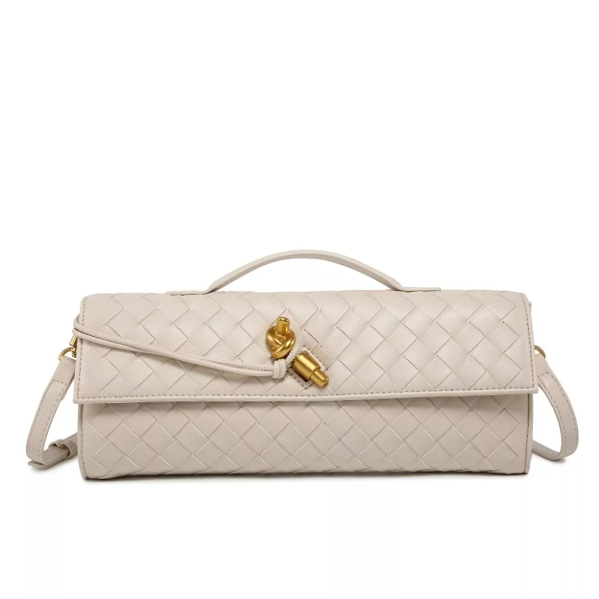Cream woven flap crossbody bag with gold-tone clasp