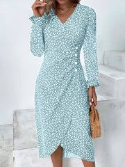 Mint blue printed surplice midi dress with long sleeves and ruched waist