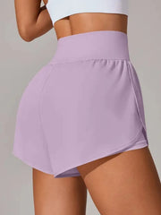 Side view of lavender wrap-front shorts layered over inner shorts