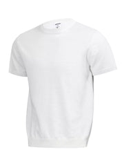 White short-sleeve knit shirt shown from an angled front view
