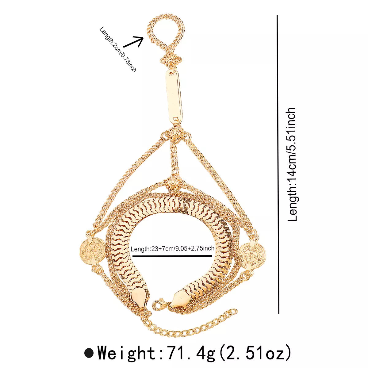 Gold-tone layered hand chain bracelet with size measurements shown