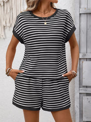 Front view of the black-and-white striped T-shirt and shorts set.