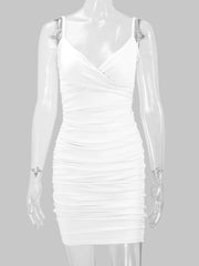 White spaghetti-strap ruched mini dress displayed front-facing on a mannequin.