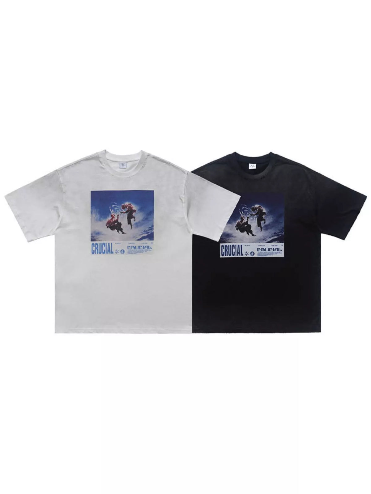 Black and white graphic T-shirts shown together
