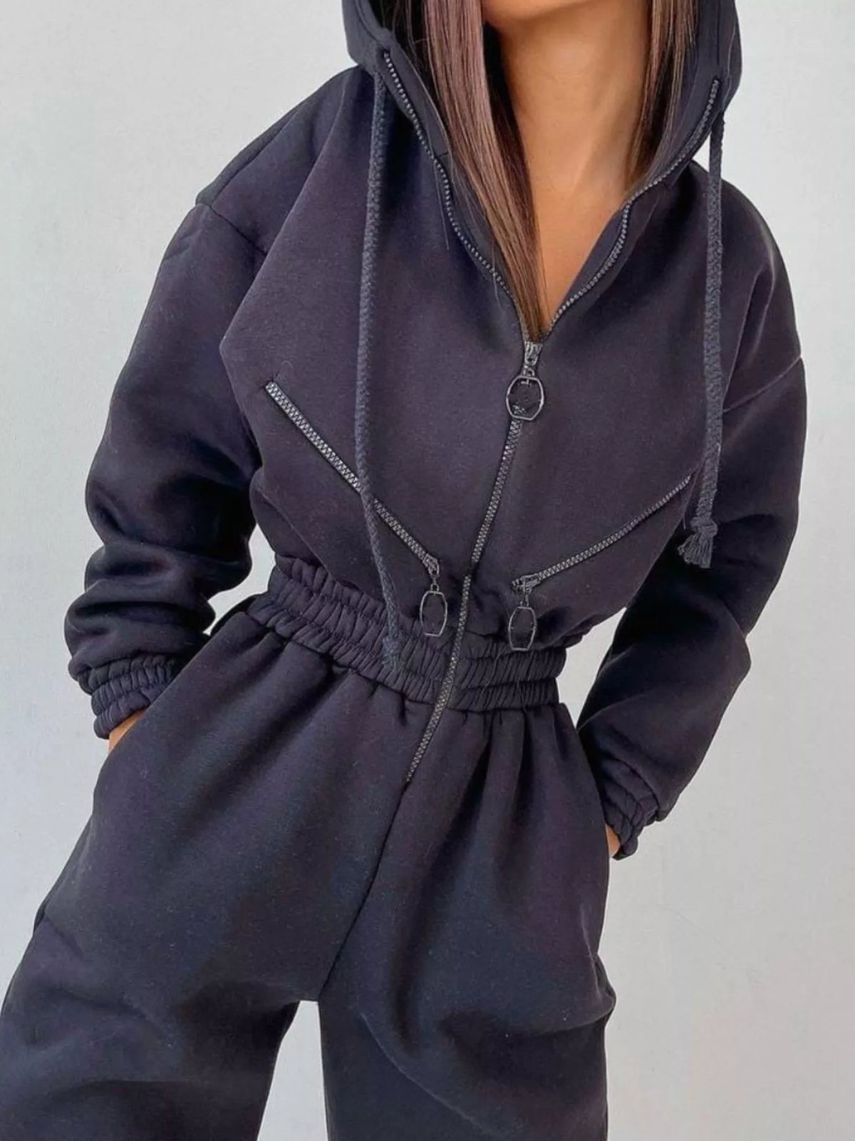 Women's hooded zip-up long-sleeve jumpsuit, navy hood detail