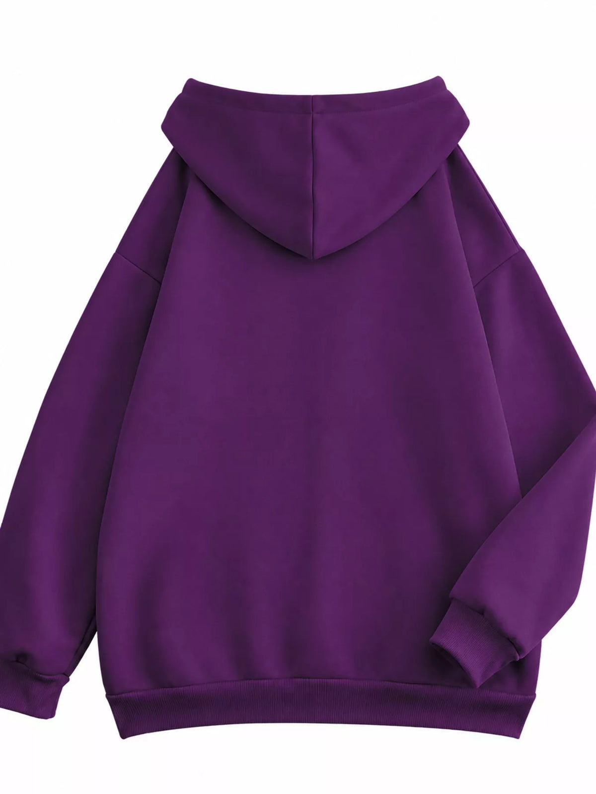 Back view of the purple hoodie with oversized hood and ribbed hem