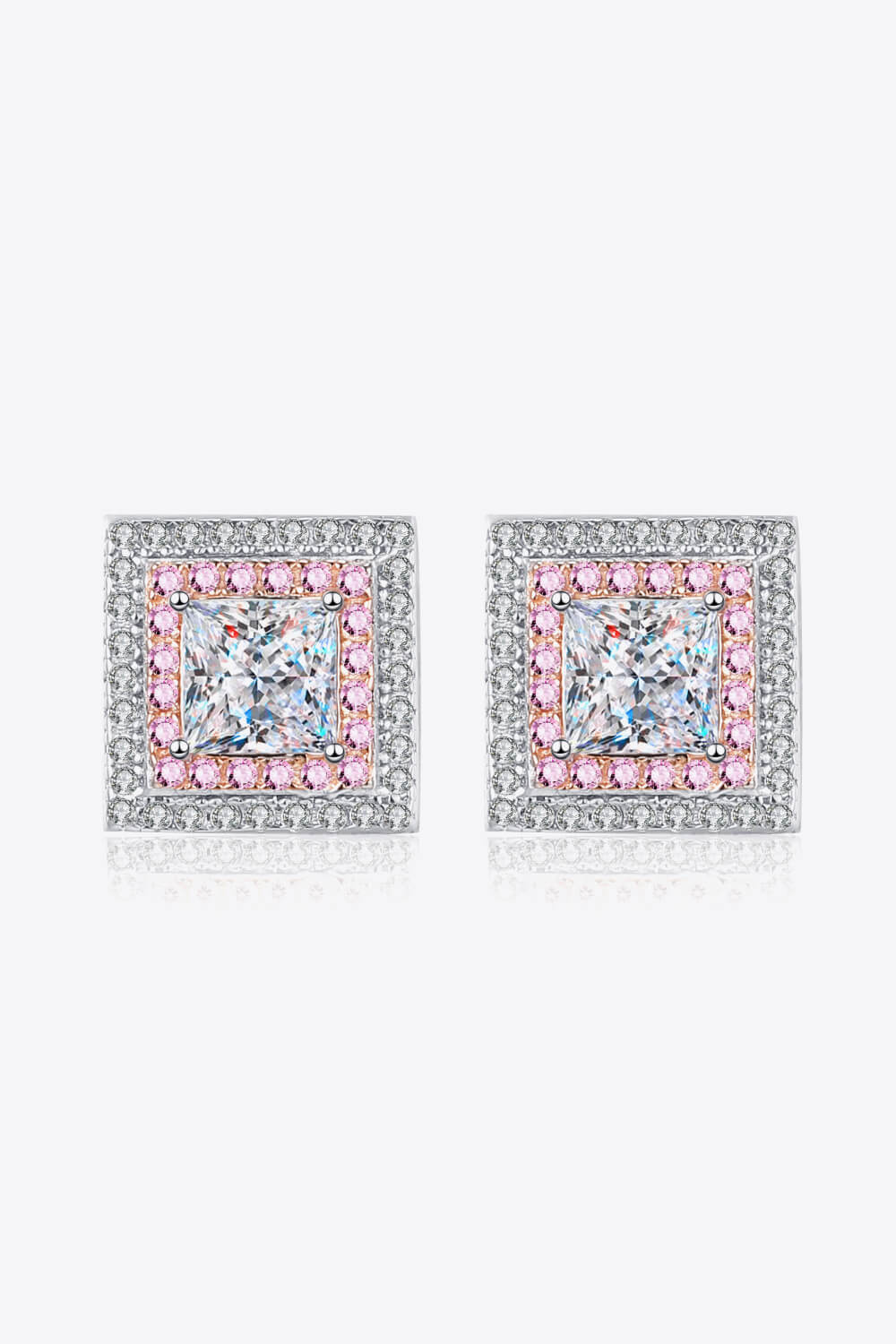 Pair of square stud earrings with pink and clear stone borders, front view