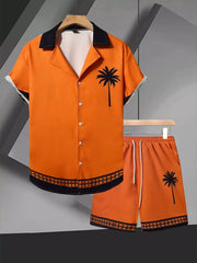 Orange palm-tree shirt and matching shorts arranged on display