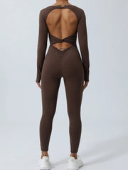 Brown jumpsuit shown from behind, highlighting open back