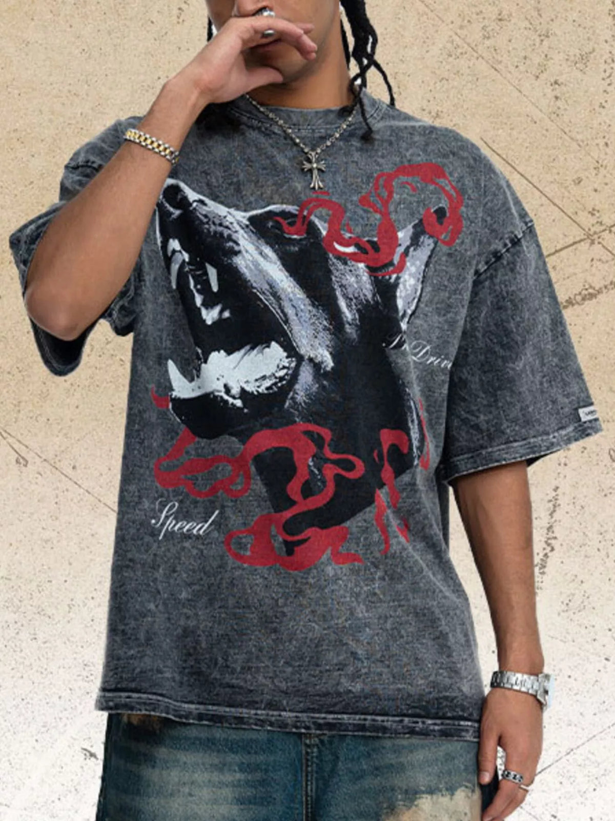 Washed charcoal T-shirt with large wolf and red serpent graphic, worn view