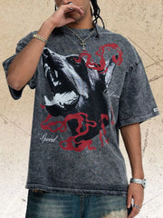 Washed charcoal T-shirt with large wolf and red serpent graphic, worn view