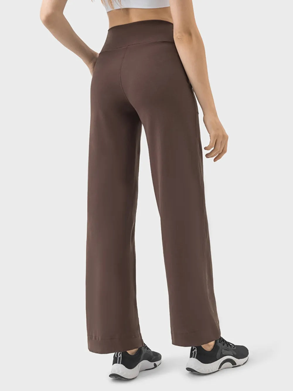 Brown wide-leg pants shown from behind