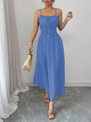 Blue smocked spaghetti-strap midi dress, full view