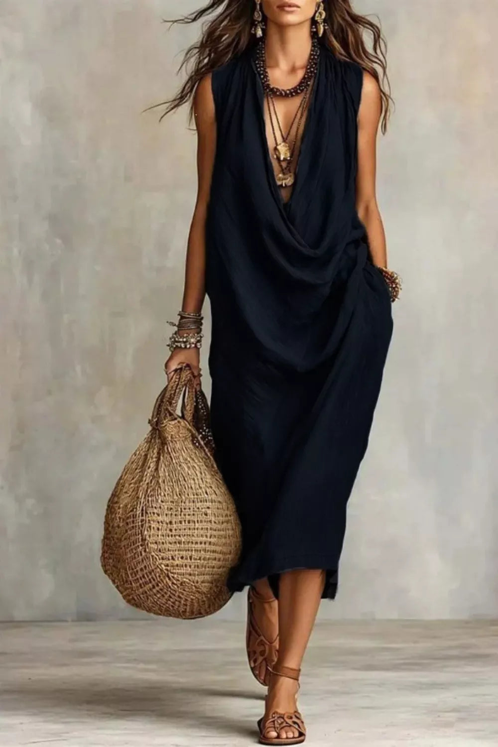 Black sleeveless midi dress with deep draped neckline, full-length front view