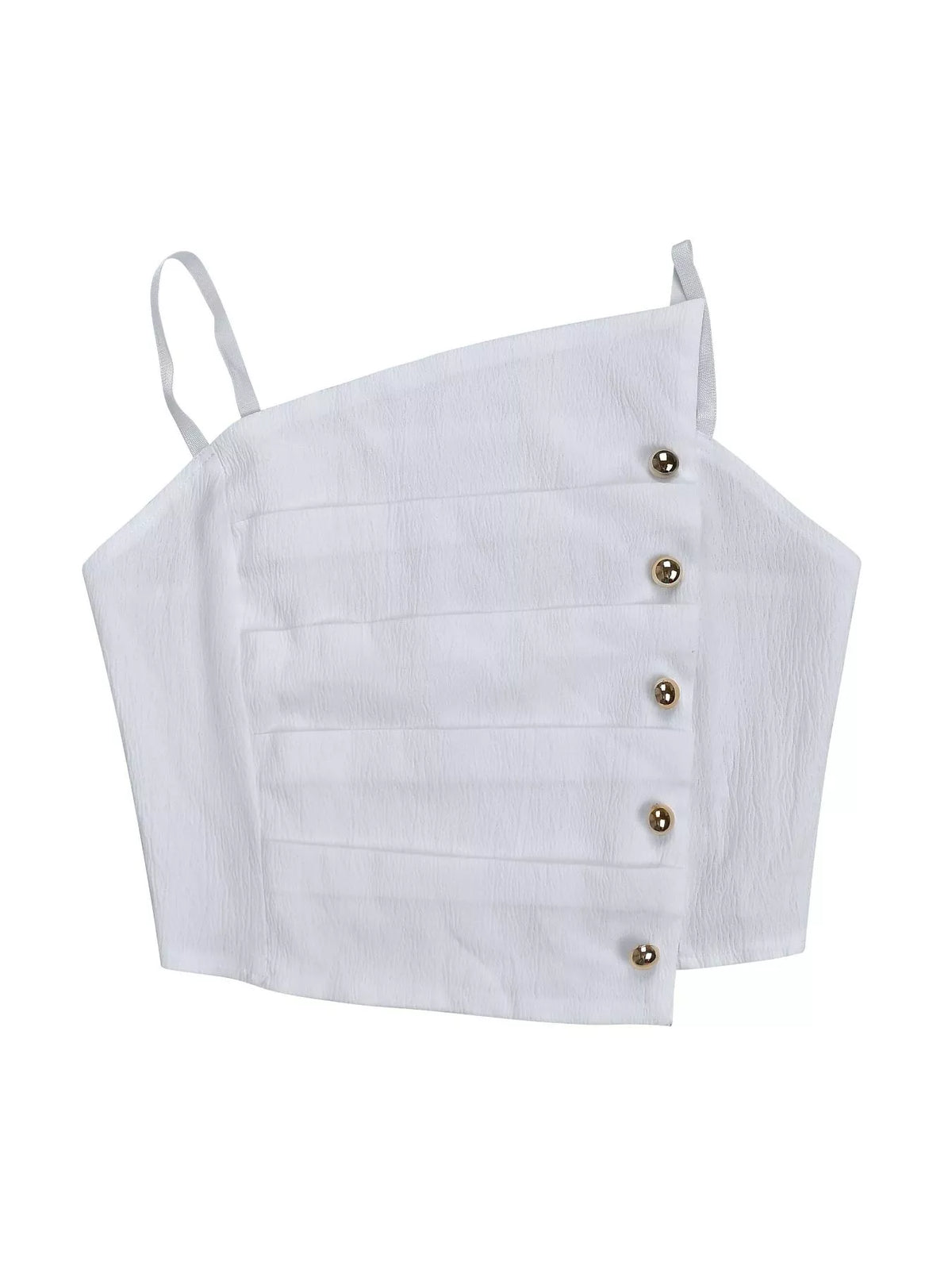 White cami top shown separately, with thin straps, ruched detailing and decorative buttons.