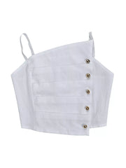White cami top shown separately, with thin straps, ruched detailing and decorative buttons.