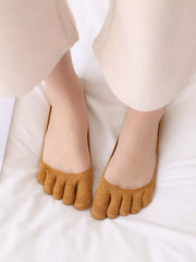 Front view of ochre five-toe no-show socks