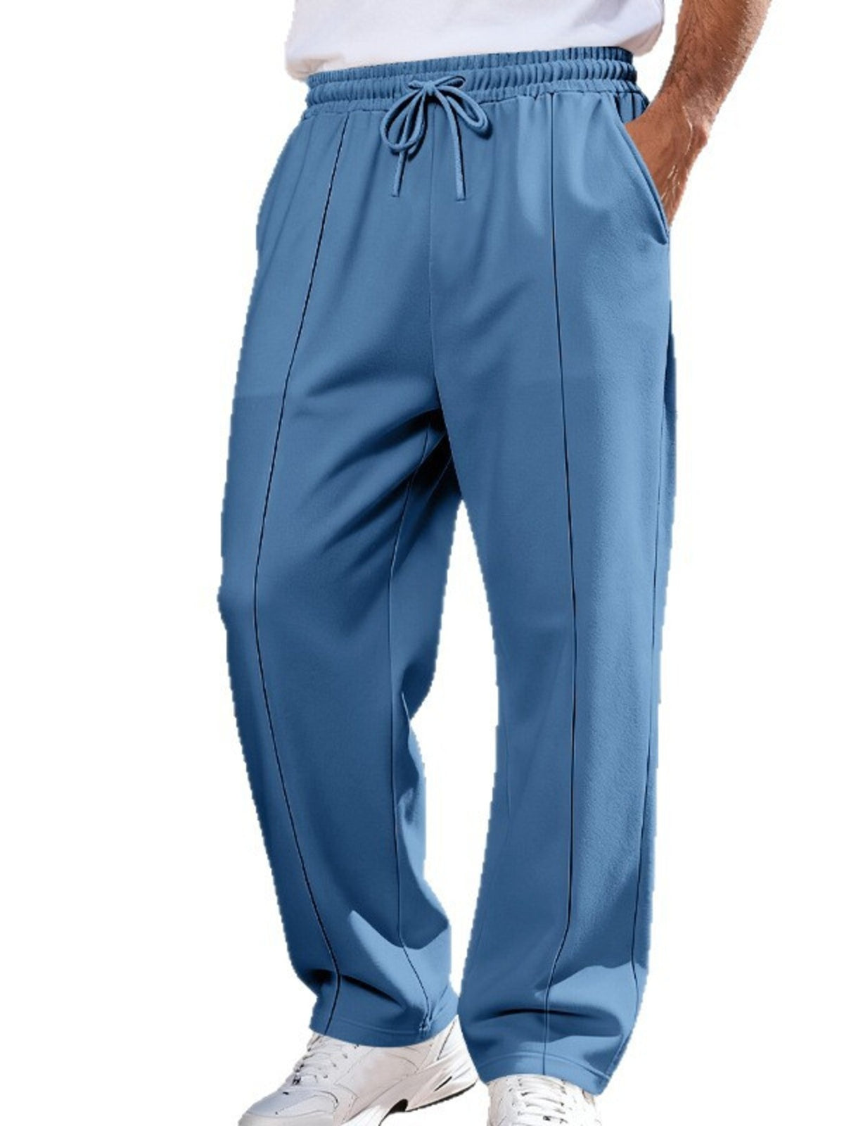Close front view of light blue pants showing the elastic drawstring waist and pockets.