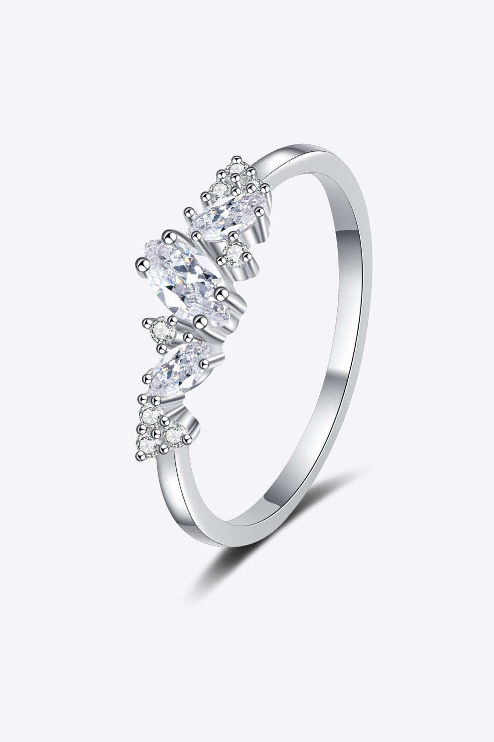 Moissanite ring in rhodium-plated silver, side view