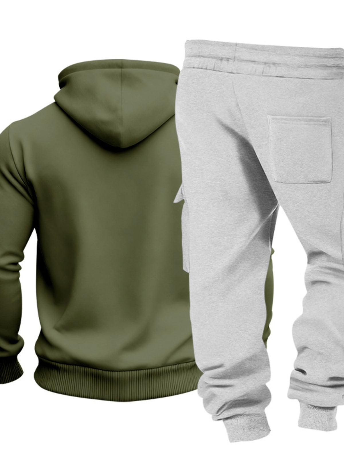 Back of olive hoodie and grey sweatpants displayed together with the trouser patch pocket visible