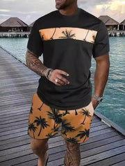 Black short-sleeve tee and shorts set with orange panels and palm-tree print.