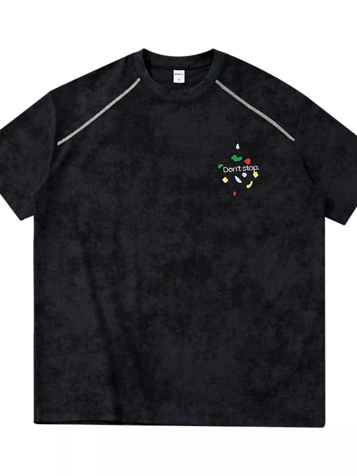 Front view of black washed T-shirt with small colorful chest graphic