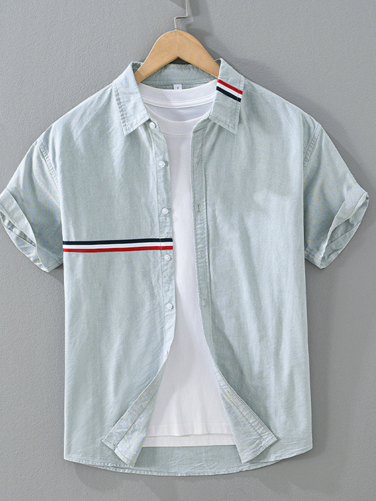 Pale green-gray short-sleeve shirt with red and navy contrast stripes
