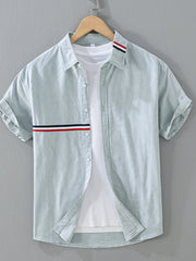Pale green-gray short-sleeve shirt with red and navy contrast stripes