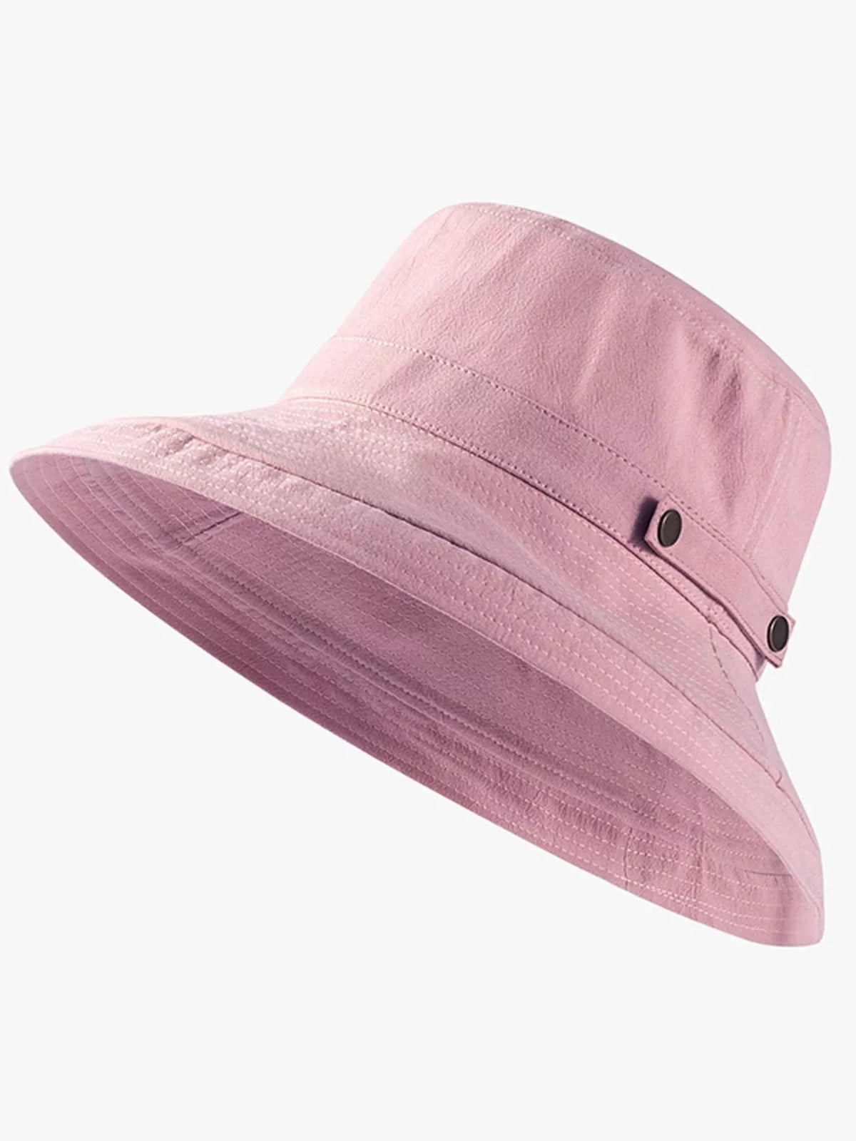 Pink wide-brim sun hat shown at an angle with side snaps