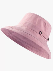 Pink wide-brim sun hat shown at an angle with side snaps