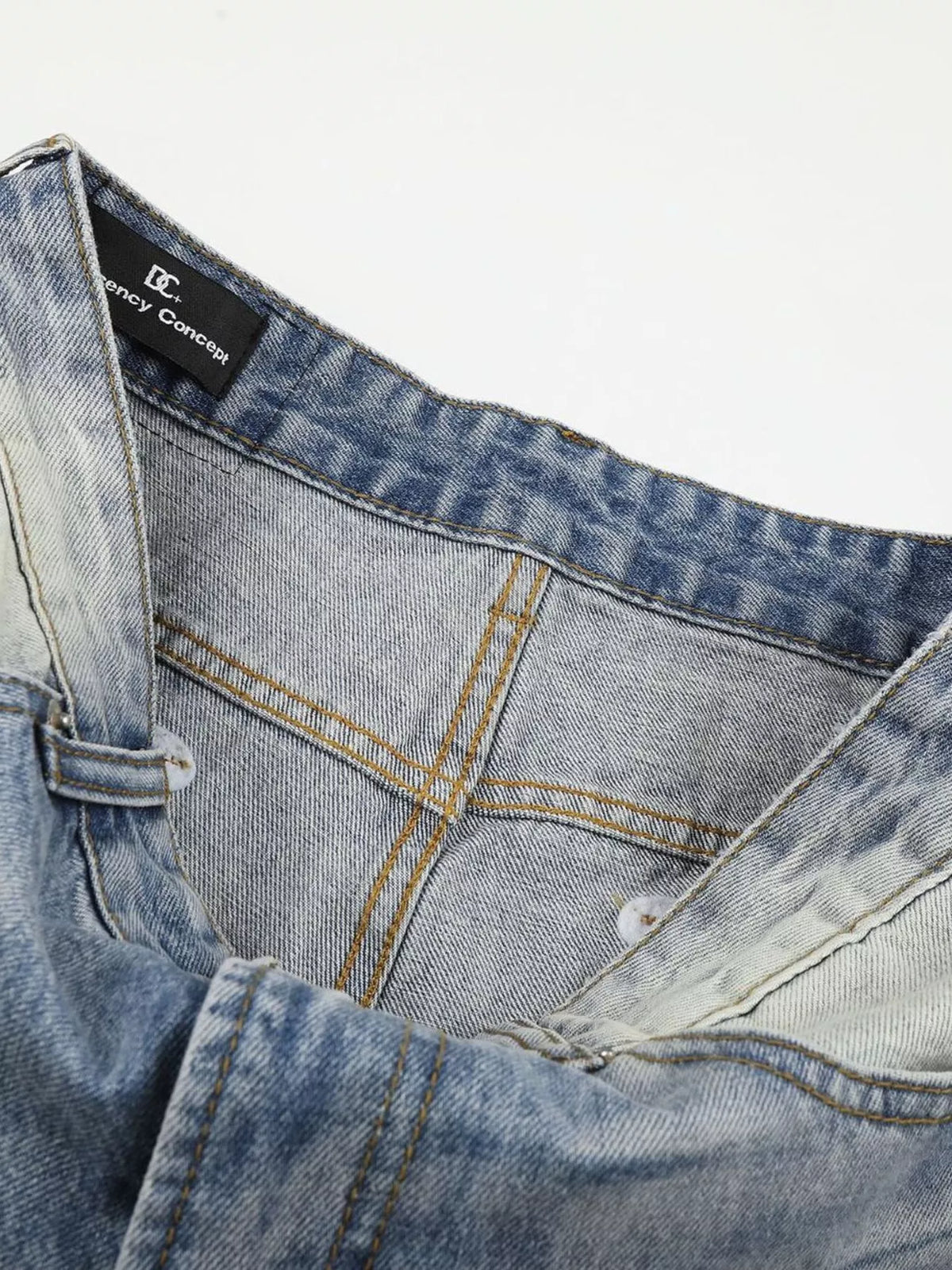 Close-up of inside waistband and denim seams