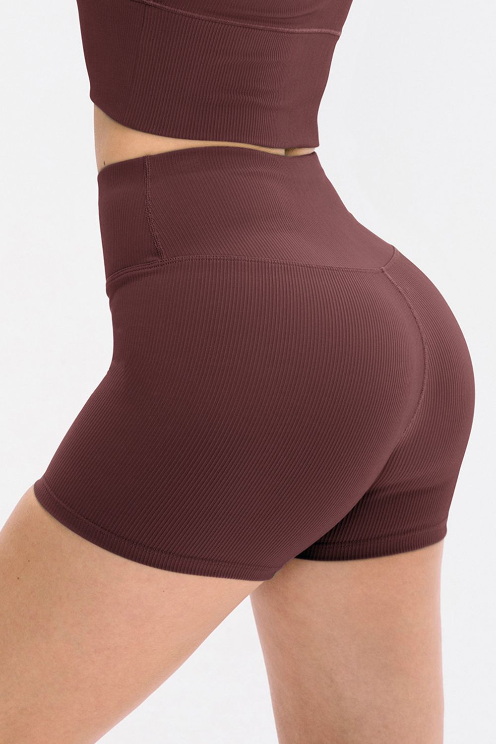 Burgundy ribbed high-waisted shorts shown from behind