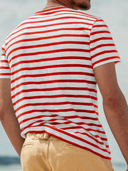Back view of red-and-white striped T-shirt