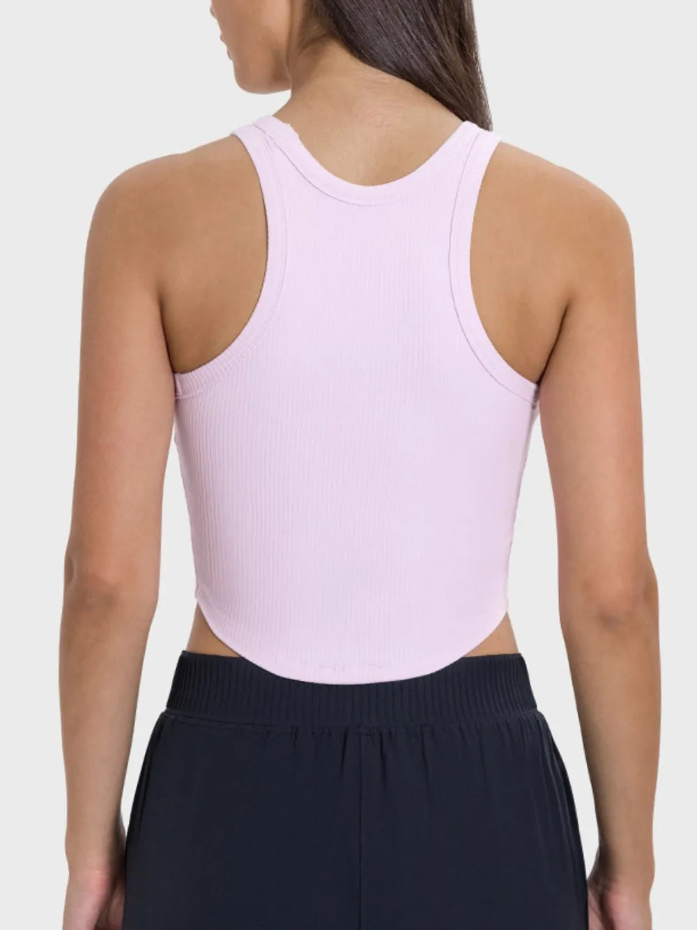 Back view of pale pink racerback tank top