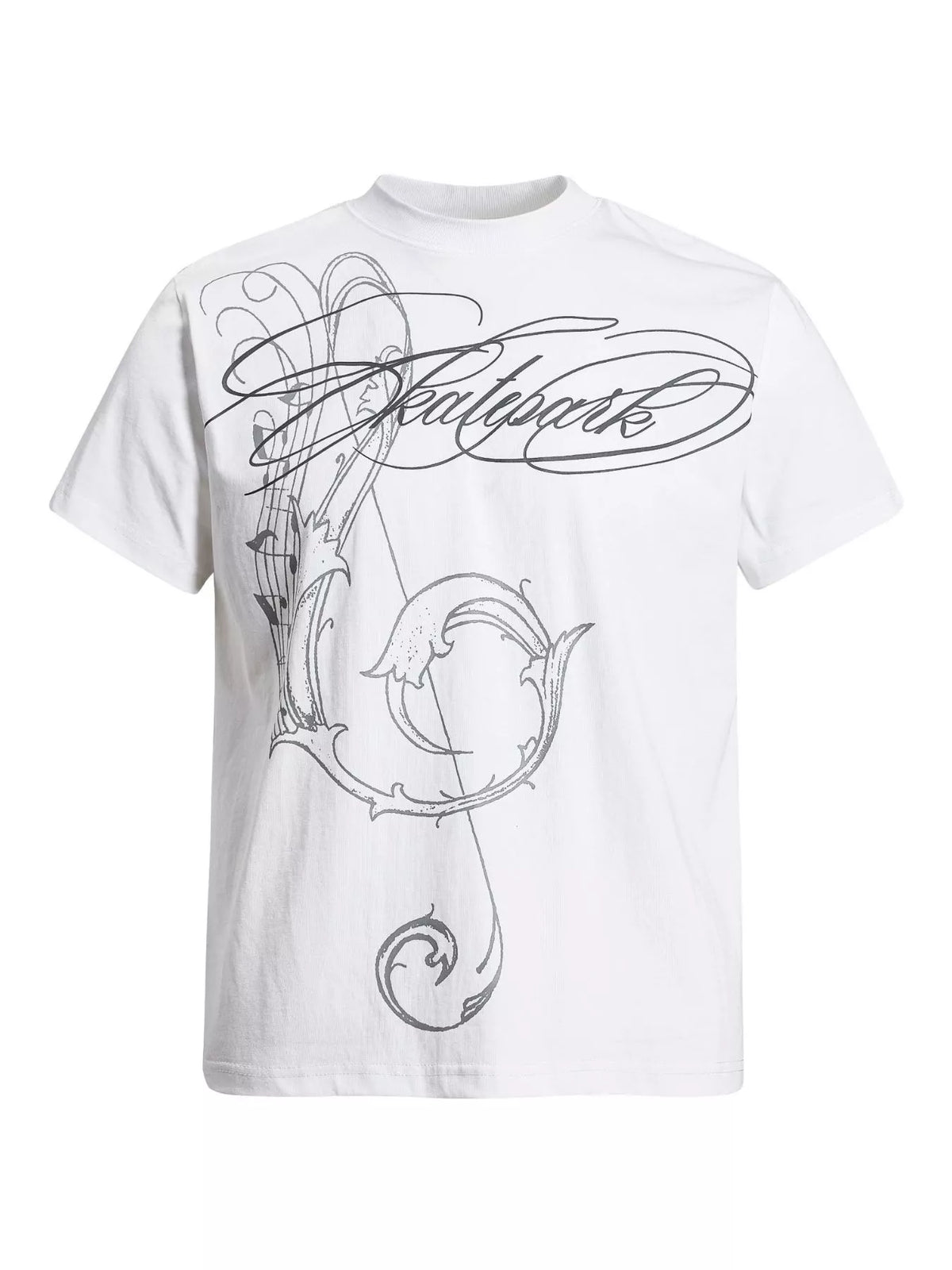 Black skatepark graphic short-sleeve tee with large white line-art design on the front