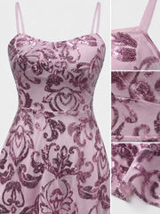 Mauve dress detail collage showing the floral-sequin bodice, strap and mesh skirt fabric.
