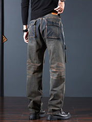 Back angled view of dark denim cargo jeans with rear pockets