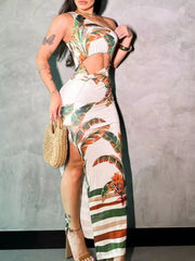 Tropical print maxi dress showing front cut-out and side slit