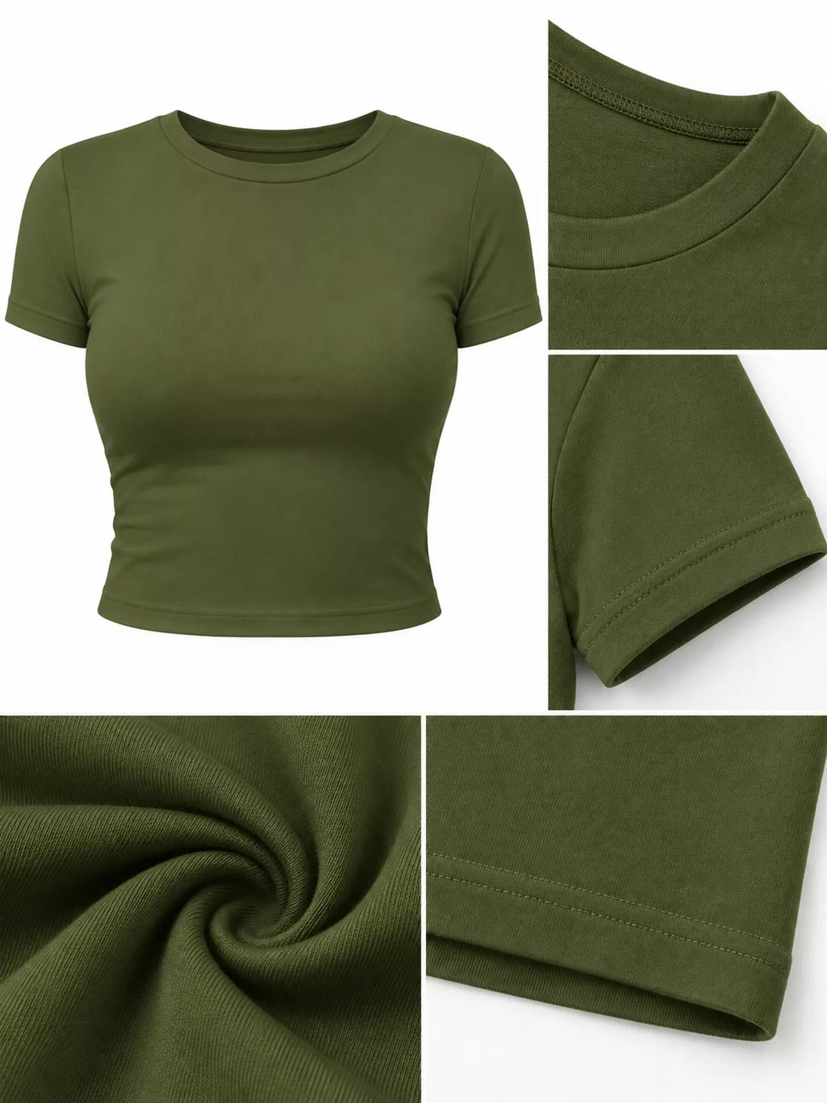 Olive green cropped crew-neck T-shirt with close-ups of the neckline, sleeve, fabric and hem