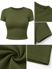 Olive green cropped crew-neck T-shirt with close-ups of the neckline, sleeve, fabric and hem