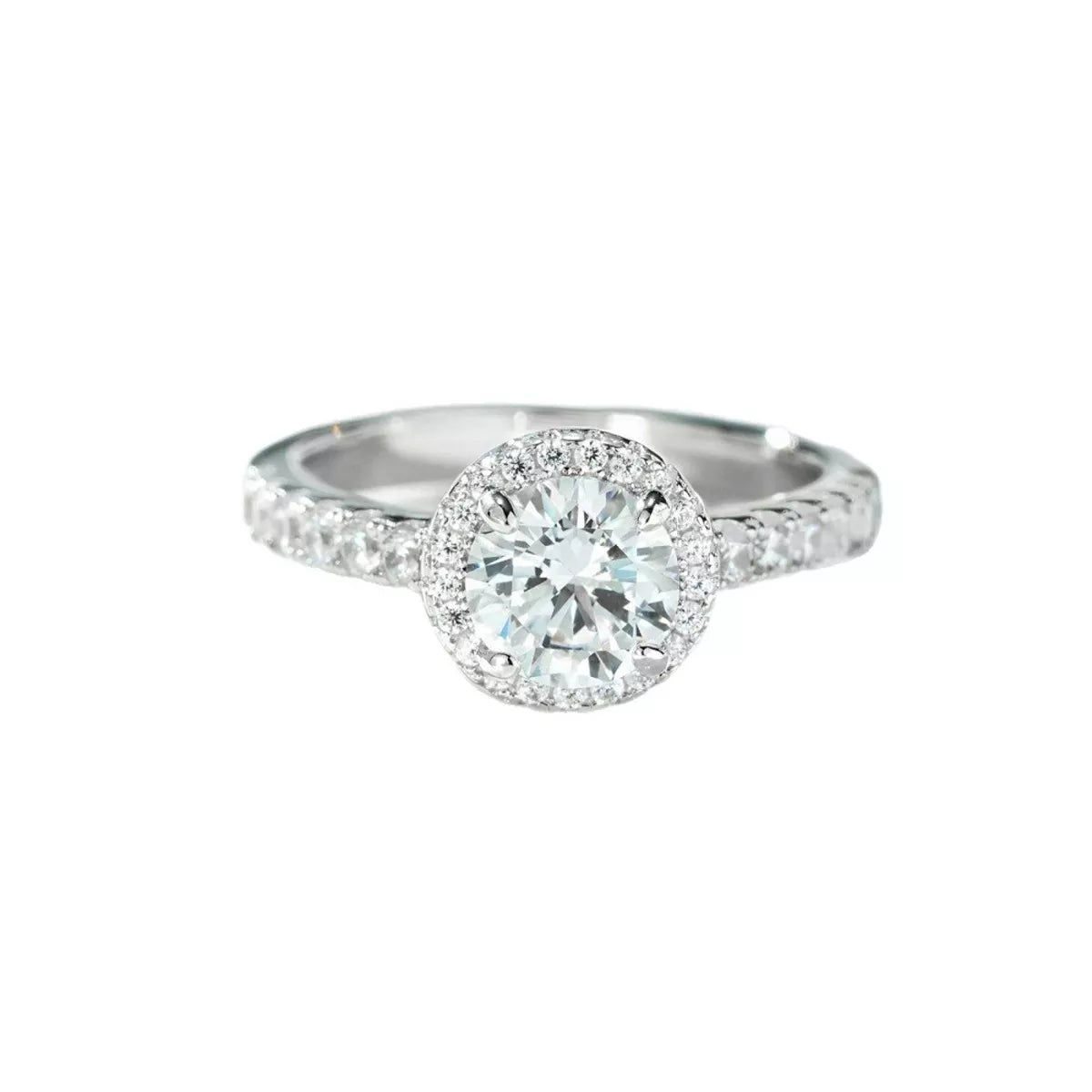 Front view of a round clear center stone ring with a halo and pavé shoulders