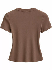 Brown crew neck T-shirt shown from the side.
