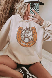 Three-quarter view of horseshoe graphic sweatshirt