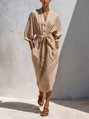 Khaki button-front midi dress with self-tie waist